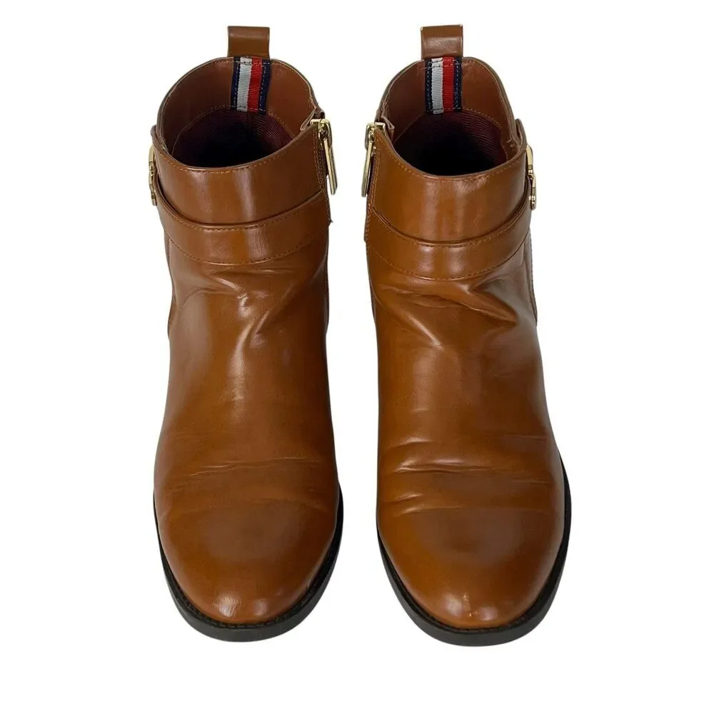 Tommy Hilfiger Women Brown Ankle Boots Side Zip Buckle‎ Detail Size 8.5M